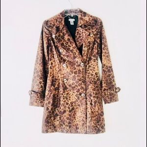 Vintage Y2K Cache Leopard Print Belted  Waxed Trench Coat